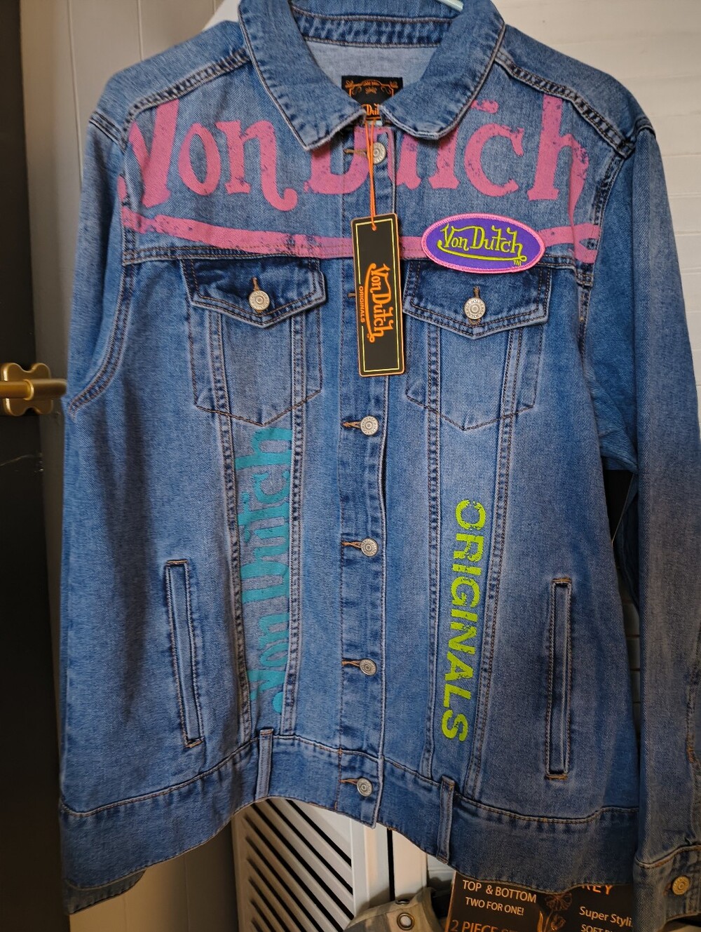 Von Dutch Blue Denim Jacket with Pink & Lime Graphics
